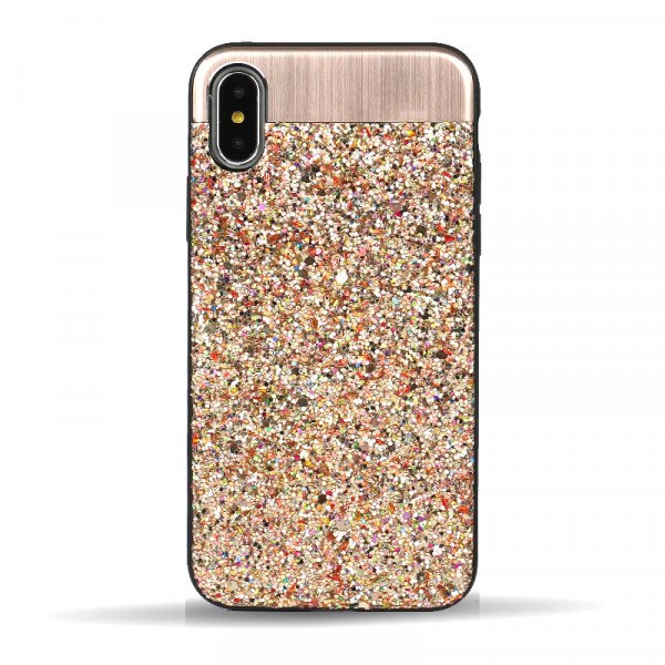Wholesale iPhone X (Ten) Sparkling Glitter Chrome Fancy Case with Metal Plate (Champagne Gold)